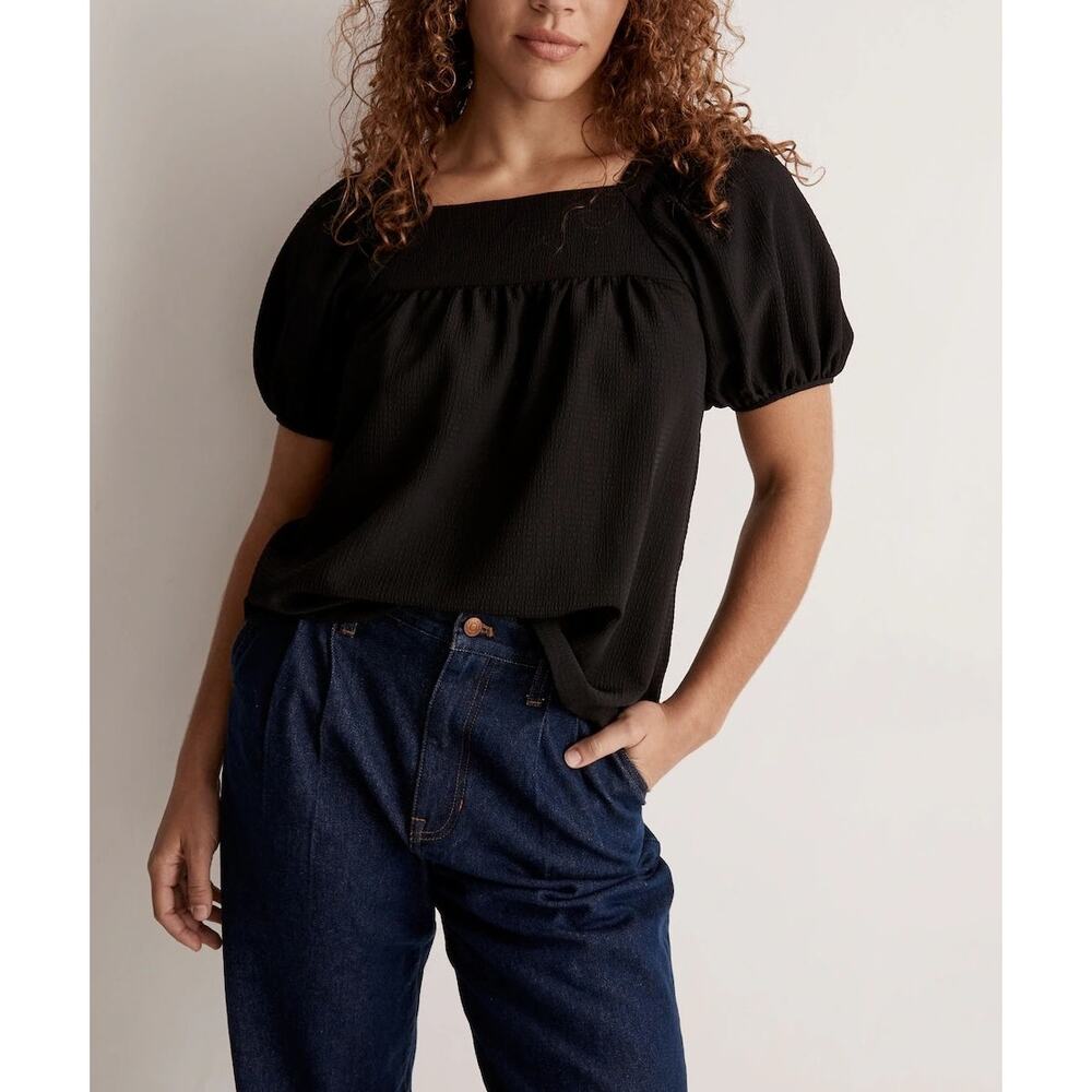 Madewell Seersucker Bubble Short Sleeve Top Blouse Shirt Black Large